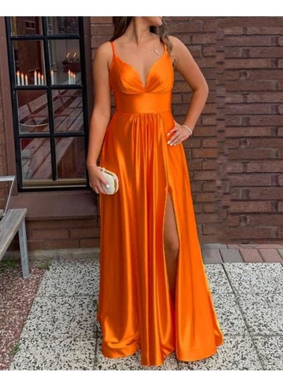 2024 A Line Silk Like Satin Orange Side Slit Sweetheart Long Prom Dresses
