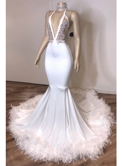 White V Neck Mermaid Backless Halter Long Prom Dresses With Feathers 2024