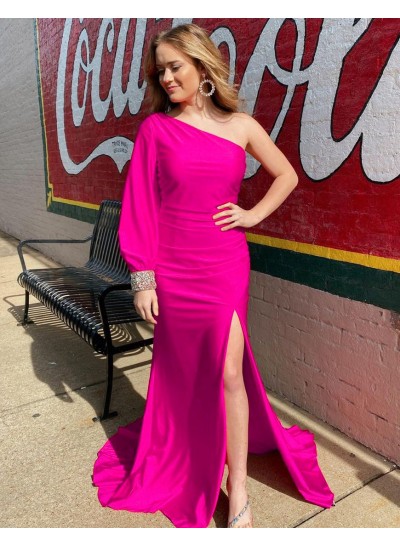 One Shoulder Fuchsia Side Slit Sheath Long Prom Dresses 2025
