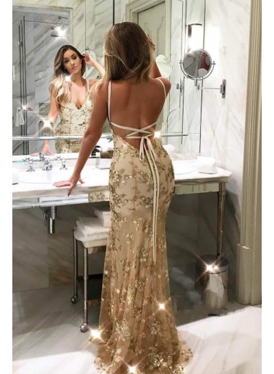 Halter Backless Champagne Lace Long Prom Dresses 2024