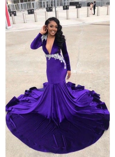 Purple Mermaid V Neckline Long Sleeves Beaded Long Prom Dresses 2024
