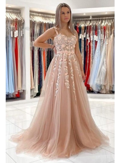 A Line Tulle Pearl Pink Sweetheart Floral Patterns Long Prom Dresses 2024