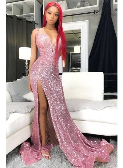 Pink Sheath Sweetheart Side Slit Sequence Long Prom Dresses 2024