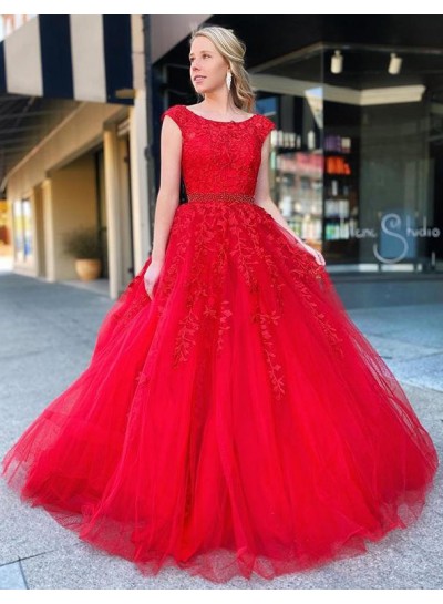 2024 A Line Red Tulle With Appliques Backless Long Prom Dresses