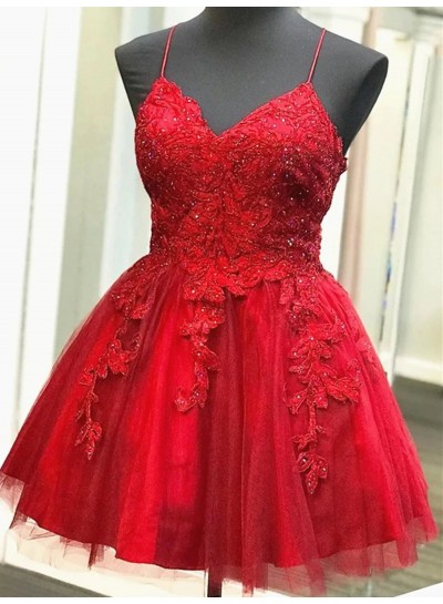 A Line Red Sweetheart Spaghetti Straps Short Knee Length Backless Homecoming Dresses
