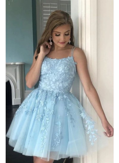 2024 A Line Light Sky Blue Halter Criss Cross Tulle With Appliques Short Homecoming Dresses