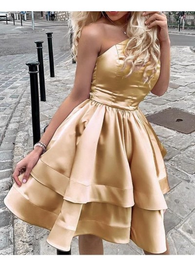A Line Silk Satin Champagne Ruffles One Shoulder 2024 Short Homecoming Dresses