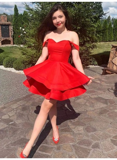 2024 A Line Red Sweetheart Off Shoulder Ruffles Short Homecoming Dresses