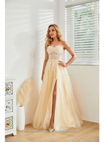 2024 A Line Light Yellow Sweetheart Side Slit Long Prom Dresses With Appliques