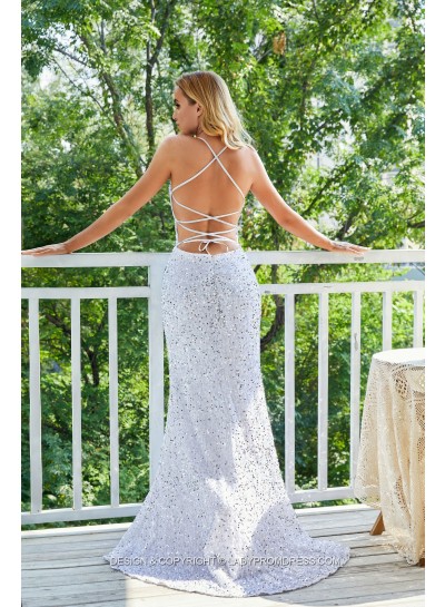 Sweetheart White Sequence Long Prom Dresses Backless 2024