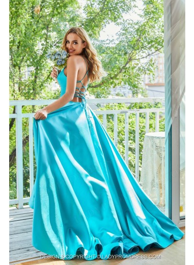Satin Blue A Line Sweetheart Spaghetti Straps Long Prom Dresses 2024
