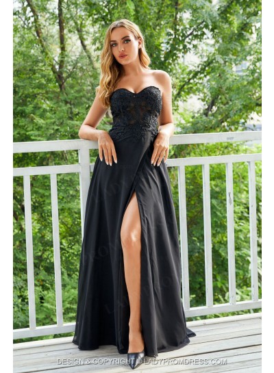 A Line Black Chiffon Sweetheart Appliques Long Prom Dresses With Side Slit 