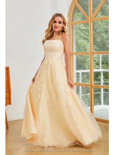 2024 A Line Tulle Light Yellow Halter Criss Cross Long Prom Dresses