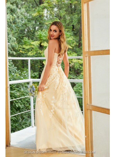 A Line Halter Tulle Light Yellow Appliques Criss Cross Prom Dresses 2024
