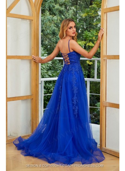 2024 A Line Sweetheart Neck Royal Blue Side Slit Tulle Prom Dresses With Appliques