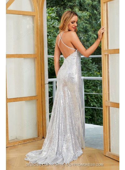2024 Silver V Neck Sequence Halter Backless Long Prom Dresses