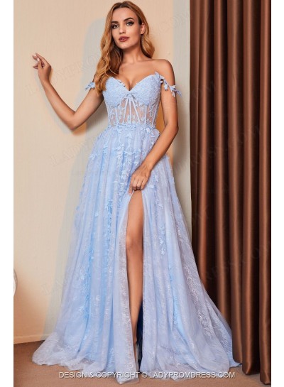2024 A Line Light Sky Blue Off Shoulder Side Slit Tulle With Appliques Long Prom Dresses