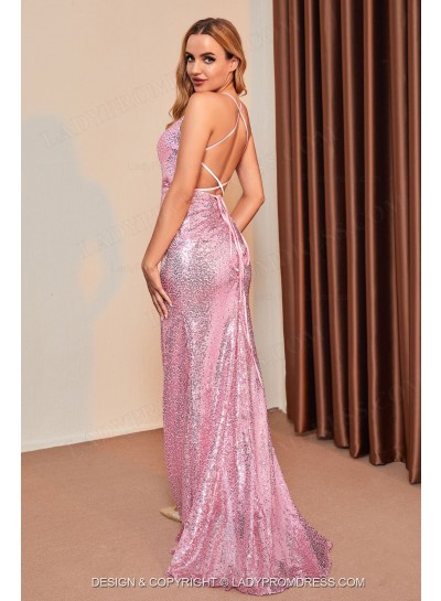 2024 Sheath Pink Halter Sequence Backless Long Prom Dresses