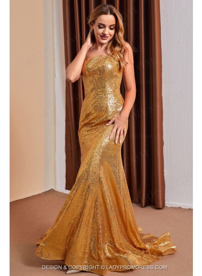 2024 Gold Sequence Strapless Long Spaghetti Straps Prom Dresses