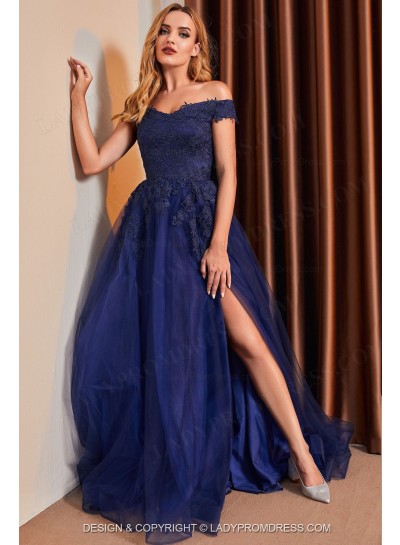 2024 A Line Tulle Dark Navy Off Shoulder Tulle With Appliques Prom Dresses