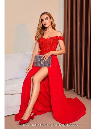 A Line Red Off Shoulder Side Slit Chiffon Long Prom Dresses 2024