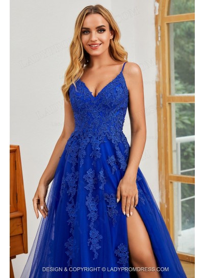 Spaghetti Straps Royal Blue Side Slit Tulle Appliques Sweetheart Neck Prom Dresses