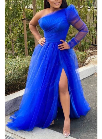 A-Line Princess Tulle One Shoulder Long Sleeve Sweep Train Prom Dresses