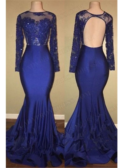 2025 Mermaid Satin Applique Crew Neck Long Sleeves Sweep Train Prom Dresses