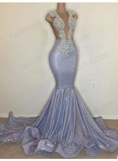 2024 Mermaid Deep V-neck Sequins Applique Sleeveless Sweep Train Prom Dresses