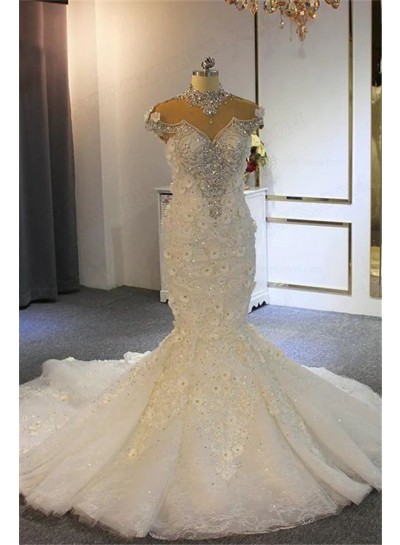 2024 Mermaid Tulle High Neck Cap Sleeves Hand-Made Flower Wedding Dresses