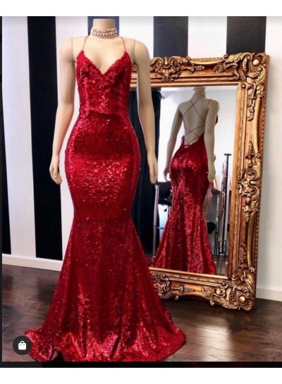 2024 Sexy Halter Sequins Red Mermaid Prom Dresses