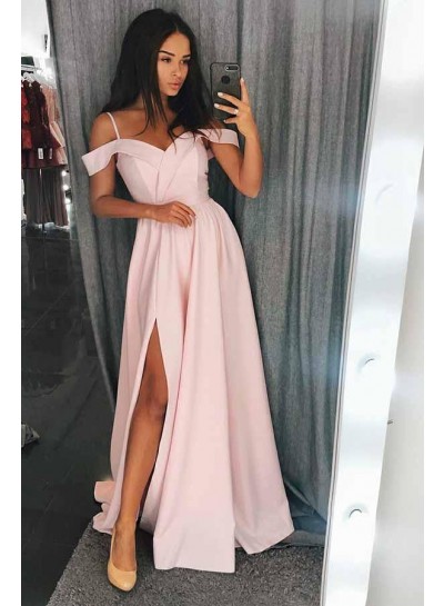 2024 Cute Pink Off the Shoulder Split Satin Prom Dresses