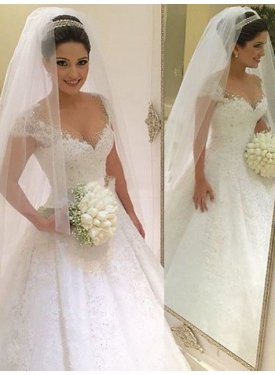 2024 New Arrival Cap Sleeve Lace Ball Gown Wedding Dresses