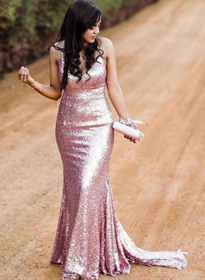2024 Pink Mermaid Halter Scoop Sequence Long Prom Dress