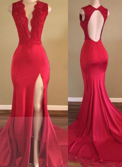 2025 Sheath/Column Satin V-neck Sleeveless Sweep/Brush Train Prom Dresses
