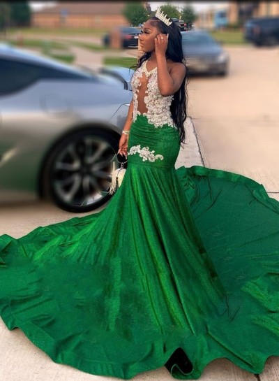 2024 Halter Mermaid Beaded Plus Size Emerald Prom Dresses