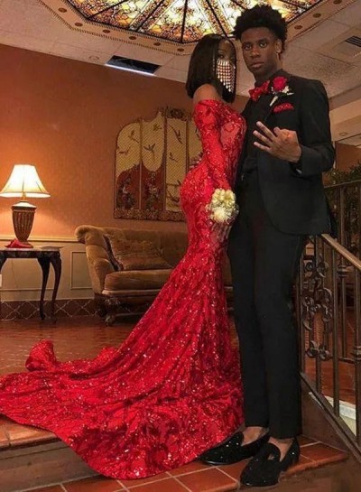 Red Off the Shoulder Long Sleeves Mermaid Sequin African Prom Dresses