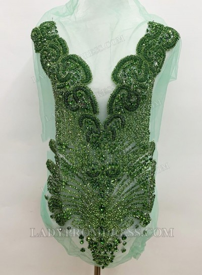 Green Women's Bodice Appliqué with Heavy Hand Beading Mesh Base for Gowns