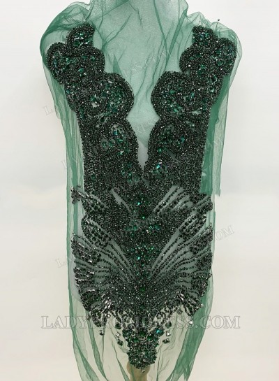 Dark Green Women's Bodice Appliqué with Heavy Hand Beading Mesh Base for Gowns