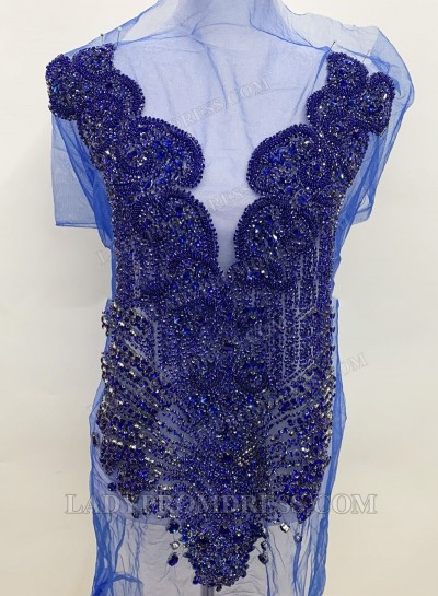 Royal Blue Women's Bodice Appliqué with Heavy Hand Beading Mesh Base for Gowns