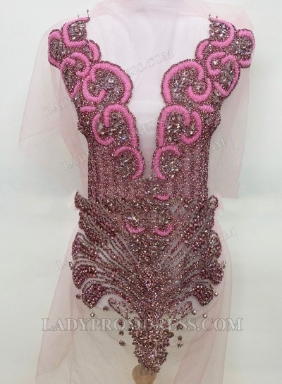 Pink Women's Bodice Appliqué with Heavy Hand Beading Mesh Base for Gowns