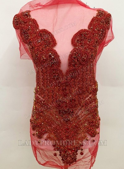 Red Women's Bodice Appliqué with Heavy Hand Beading Mesh Base for Gowns