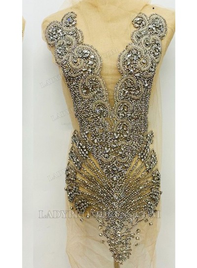 Silver Women's Bodice Appliqué with Heavy Hand Beading Mesh Base for Gowns
