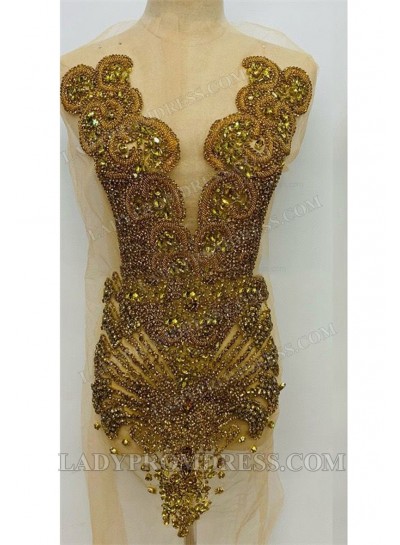 Gold Women's Bodice Appliqué with Heavy Hand Beading Mesh Base for Gowns