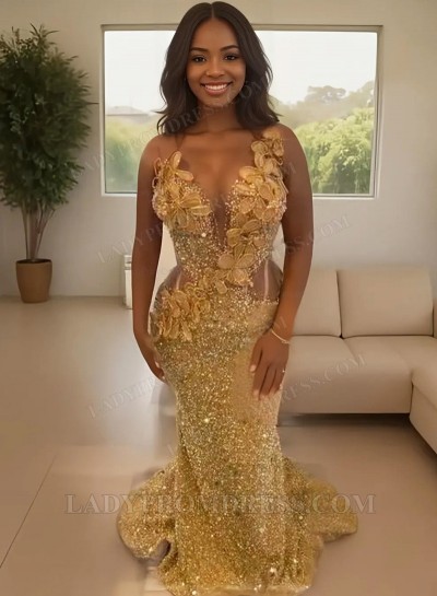 V-neck Gold Sheath Beaded 2025 Prom Dresses