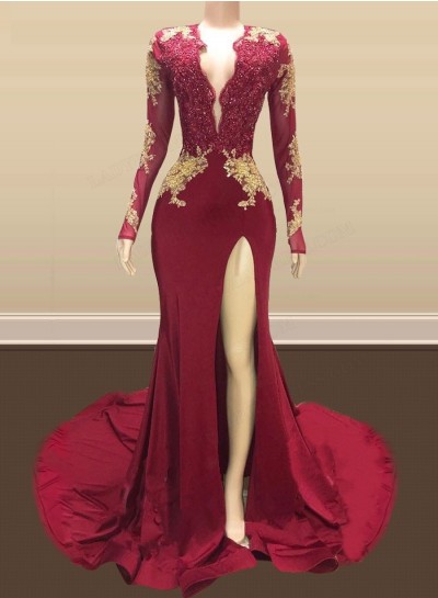 2024 Sexy Sheath Long Sleeves Burgundy and Gold Appliques Side Slit Deep V Neck African American Backless Prom Dresses