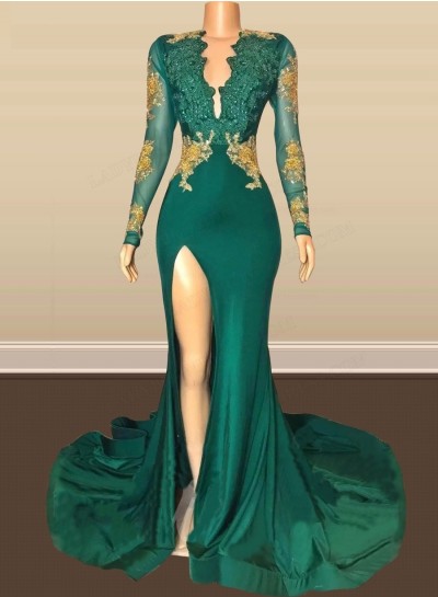 2024 Long Sleeves Emerald Side Slit Open Front Backless Long Prom Dresses