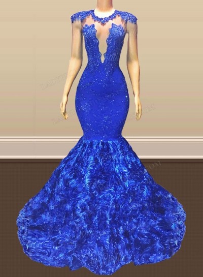 2024 Sexy Mermaid Royal Blue Open Front Rose Lace Prom Dresses