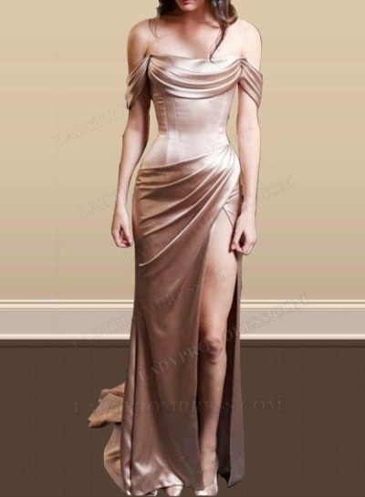 2025 Strapless Champagne Off Shoulder Side Slit Pleated Long Prom Dresses
