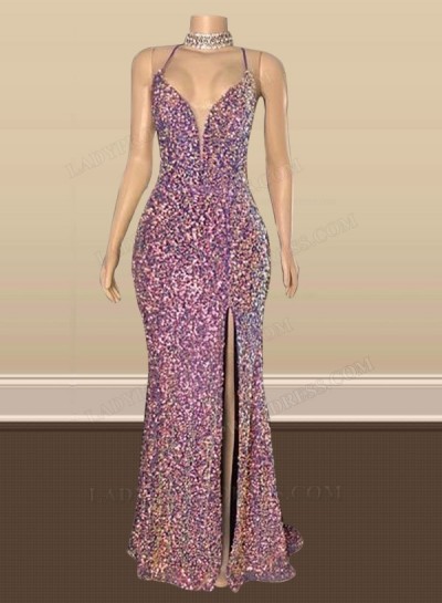 2024 Sheath Sequins V-neck Sleeveless Floor-Length Prom Dresses